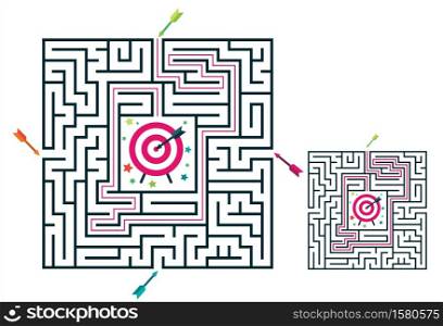 Square maze labyrinth game for kids. Labyrinth logic conundrum with target and arrows. Four entrance and one right way to go. Vector flat illustration isolated on white background.. Square maze labyrinth game for kids. Labyrinth logic conundrum with target and arrows. Four entrance and one right way to go. Vector flat illustration
