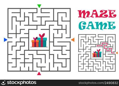 Square maze labyrinth game for kids. Logic conundrum. Four entrance and one right way to go. Vector flat illustration isolated on white background.. Square maze labyrinth game for kids. Logic conundrum. Four entrance and one right way to go. Vector flat illustration