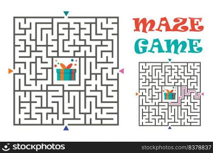 Square maze labyrinth game for kids. Logic conundrum. Four entrance and one right way to go. Vector illustration isolated on white background.. Square maze labyrinth game for kids. Logic conundrum. Four entrance and one right way to go. Vector illustration