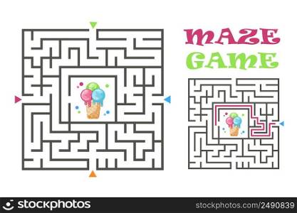 Square maze labyrinth game for kids. Logic conundrum with ice cream. Four entrance and one right way to go. Vector.. Square maze labyrinth game for kids. Logic conundrum with ice cream. Four entrance and one right way to go. Vector