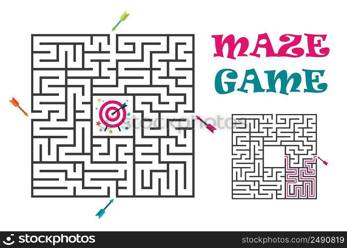 Square maze labyrinth game for kids. Logic conundrum with target and arrows. 4 entrance and one right way to go. Vector flat illustration isolated on white background.. Square maze labyrinth game for kids. Logic conundrum with target and arrows. 4 entrance and one right way to go. Vector flat illustration