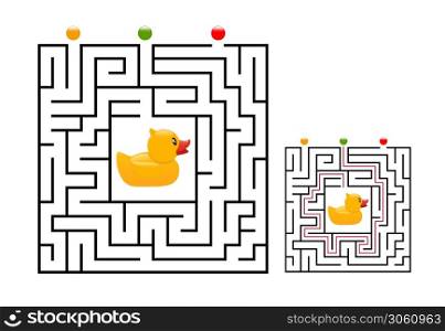 Square maze labyrinth game for kids with rubber duck. Labyrinth logic conundrum. Three entrance and one right way to go. Vector flat illustration isolated on white background.. Square maze labyrinth game for kids with rubber duck. Labyrinth logic conundrum. Three entrance and one right way to go. Vector flat illustration