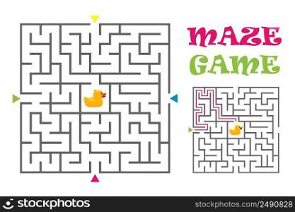 Square maze labyrinth game for kids with rubber duck. Logic conundrum. Four entrance and one right way to go. Vector.. Square maze labyrinth game for kids with rubber duck. Logic conundrum. Four entrance and one right way to go. Vector