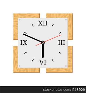 Square modern wooden wall clock isolated vector illustration. Square modern wooden wall clock