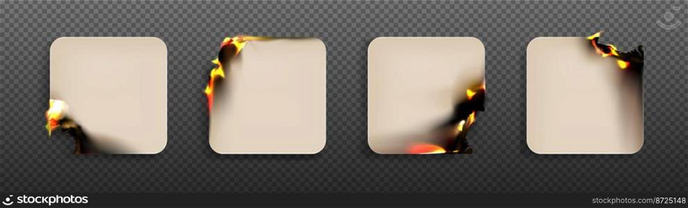 Square paper sheets with burning rounded angles, burnt sticky notes, scorched stickers with smoldering fire on charred corners and ashes isolated on transparent background Realistic 3d vector set. Square paper sheets with burning rounded angles