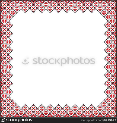 Square pattern for embroidery. Red and black cross stitches.