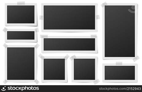 Square photo frames. Photos framing, frame photography template. Realistic digital blank image on tape pieces, isolated cards recent vector set. Illustration photo picture, square template design. Square photo frames. Photos framing, frame photography template. Realistic digital blank image on tape pieces, isolated cards recent vector set