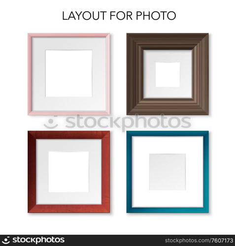 Square picture frames realistic mockup set of 4 various materials and color thin and massive vector illustration