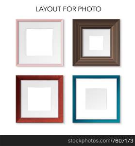 Square picture frames realistic mockup set of 4 various materials and color thin and massive vector illustration