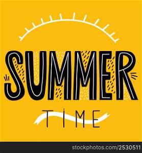 square postcard Summer time. Decorative black inscription lettering on yellow background. Vector illustration. For design and decor, postcards and printing