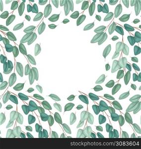 Square postcard with flat eucalyptus with place for text. Botanical color illustration of eucalyptus populus. Vector color template for invitation, greeting card and your creativity. Square postcard with flat eucalyptus with place for text. Botanical color illustration of eucalyptus populus. Vector color template
