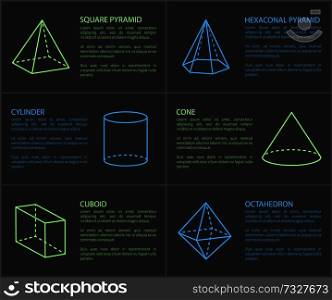Square pyramid and cylinder, cone and cuboid, hexagonal prism and shapes, text sample and letterings, shapes set, isolated on vector illustration. Square Pyramid and Cylinder Vector Illustration