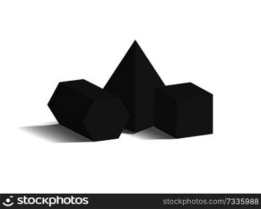 Square pyramid pentagonal prism and cube 3D geometric black shapes isolated on white, Three dimensional cube and square pyramid pentagonal prism vector. Square Pyramid Pentagonal Prism Cube 3D Shapes