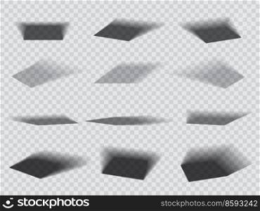 Square rectangle box shadow effects, realistic overlay and vector transparent shadow. Object shades, black and white soft shadow on bottom or floor surface, side light shade effects. Square and rectangle box shadow realistic effects