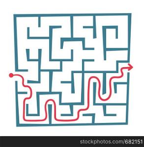 Square shaped labyrinth with entrance, exit and solution vector cartoon illustration isolated on white background.. Labyrinth with solution vector illustration.