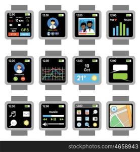 Square smartwatch. Applications on the screen. Vector