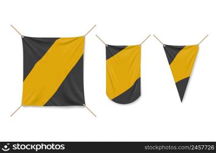 Square vinyl banner and pennants hanging with ropes. Vector realistic mockup of 3d yellow and black canvas posters, textile pennons isolated on white background. Vinyl banner and pennants hanging with ropes