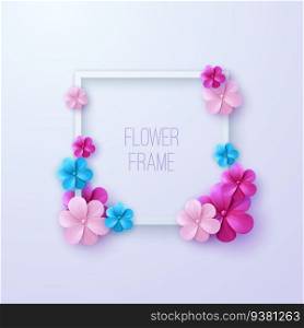 Square white frame with multicolored flowers. Square white frame with violet flowers