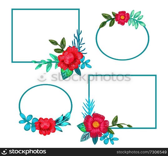 Squared and circular frames and flowers of pink color with green leaves, flourishing and placed in corners set on vector illustration, hand drawn blossoms. Squared Frames and Flowers Set Vector Illustration