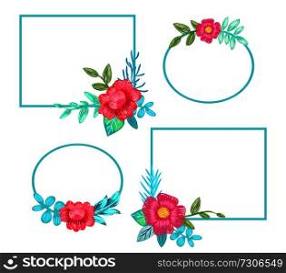 Squared and circular frames and flowers of pink color with green leaves, flourishing and placed in corners set on vector illustration, hand drawn blossoms. Squared Frames and Flowers Set Vector Illustration