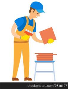 Squared blocks made of wood vector, person wearing uniform and cap working with bricks, isolated character with building material for construction flat style. Man with Blocks Construction of Building Vector