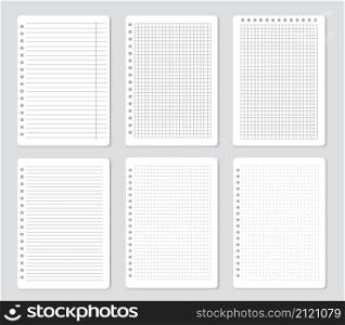 Squared notebook pages, lined paper sheets, notepaper. School notepad with lines or dots, blank memo papers, notebooks sheet vector set. Reminder or diary elements for writing information. Squared notebook pages, lined paper sheets, notepaper. School notepad with lines or dots, blank memo papers, notebooks sheet vector set
