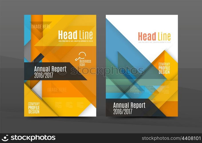 Squares and triangles annual report cover template. Color business brochure vector template, front page, A4 size, leaflet abstract background, magazine design, flyer layout