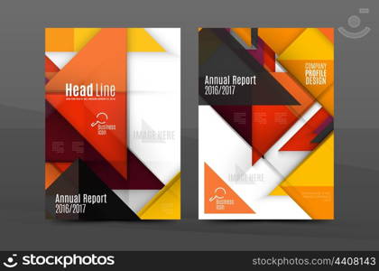 Squares and triangles annual report cover template. Color business brochure vector template, front page, A4 size, leaflet abstract background, magazine design, flyer layout