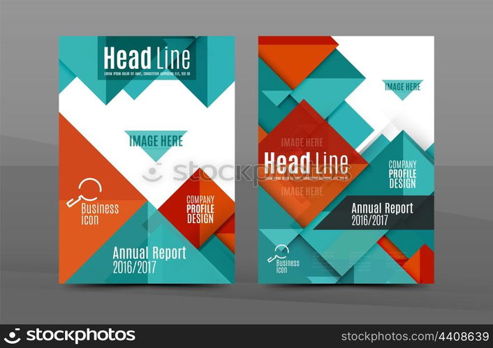 Squares and triangles annual report cover template. Color business brochure vector template, front page, A4 size, leaflet abstract background, magazine design, flyer layout