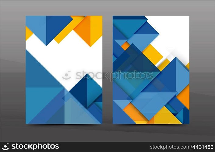 Squares and triangles annual report cover template. Color business brochure vector template, front page, A4 size, leaflet abstract background, magazine design, flyer layout