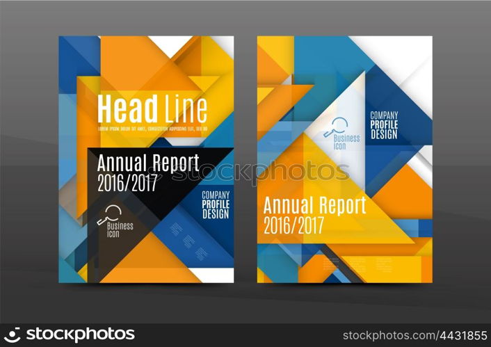 Squares and triangles annual report cover template. Color business brochure vector template, front page, A4 size, leaflet abstract background, magazine design, flyer layout