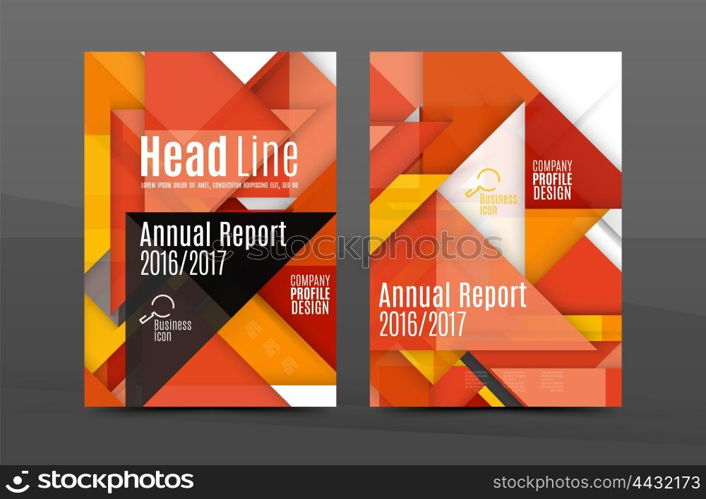 Squares and triangles annual report cover template. Color business brochure vector template, front page, A4 size, leaflet abstract background, magazine design, flyer layout