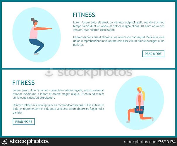 Squatting woman with dumbbell, fitness online, webpage of sporty people and exercise. Girl side view pumping muscles, strong body and lose weight vector. Girl Pumping Muscles, Sporty Woman Online Vector