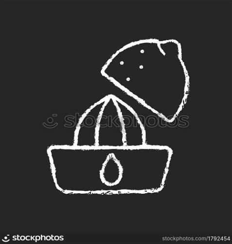 Squeeze lemon chalk white icon on dark background. Making fresh juice for diet drink. Fruit squeezer. Cooking instruction. Food preparation process. Isolated vector chalkboard illustration on black. Squeeze lemon chalk white icon on dark background