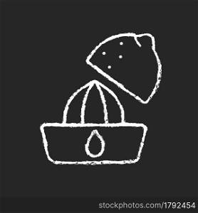 Squeeze lemon chalk white icon on dark background. Making fresh juice for diet drink. Fruit squeezer. Cooking instruction. Food preparation process. Isolated vector chalkboard illustration on black. Squeeze lemon chalk white icon on dark background