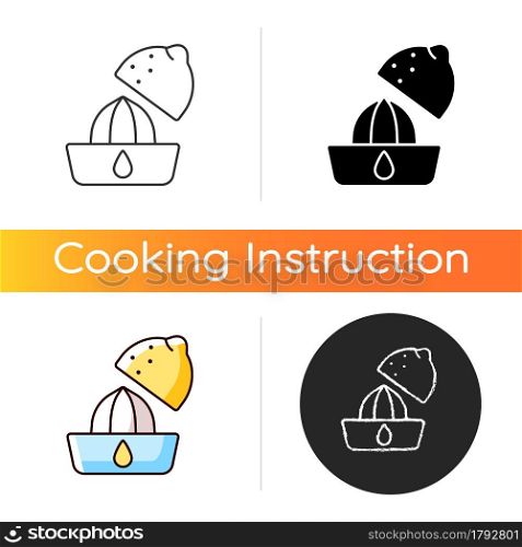 Squeeze lemon icon. Making fresh juice for diet drink. Fruit squeezer. Cooking instruction. Food preparation process. Linear black and RGB color styles. Isolated vector illustrations. Squeeze lemon icon
