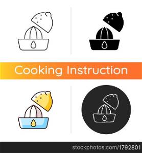 Squeeze lemon icon. Making fresh juice for diet drink. Fruit squeezer. Cooking instruction. Food preparation process. Linear black and RGB color styles. Isolated vector illustrations. Squeeze lemon icon