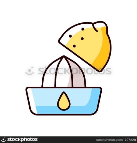 Squeeze lemon RGB color icon. Making fresh juice for diet drink. Fruit squeezer. Cooking instruction. Food preparation process. Isolated vector illustration. Simple filled line drawing. Squeeze lemon RGB color icon