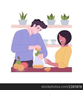 Squeezing juice isolated cartoon vector illustrations. Young couple makes fresh juice together using home kitchen appliances, healthy nutrition, breakfast preparation vector cartoon.. Squeezing juice isolated cartoon vector illustrations.