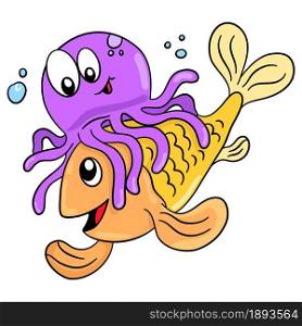 squid and fish hugging. cartoon illustration cute sticker