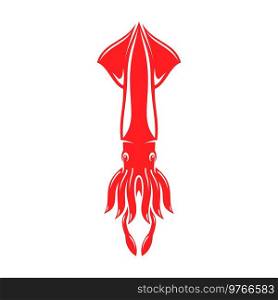 Squid isolated hooked red animal. Vector Decapodiformes with arms and two tentacles. Red hooked squid with suctions, red seafood
