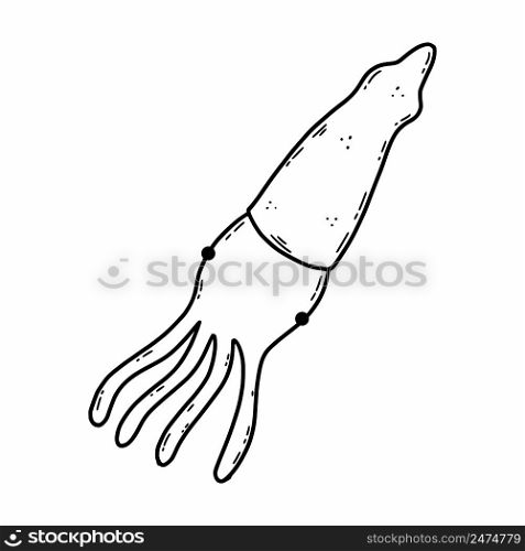 Squid with tentacles on white background. Coloring book for children. Black and white sketch.