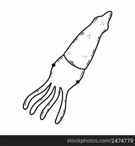 Squid with tentacles on white background. Coloring book for children. Black and white sketch.