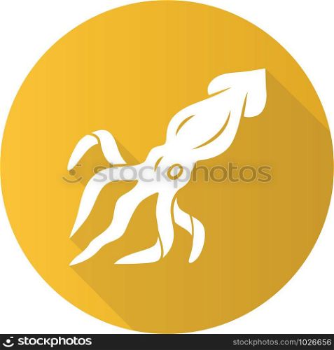 Squid yellow flat design long shadow glyph icon. Swimming marine animal with tentacles. Seafood restaurant. Underwater creature. Sea fish. Aquatic invertebrate mollusk. Vector silhouette illustration