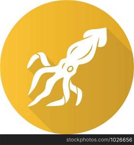 Squid yellow flat design long shadow glyph icon. Swimming marine animal with tentacles. Seafood restaurant. Underwater creature. Sea fish. Aquatic invertebrate mollusk. Vector silhouette illustration