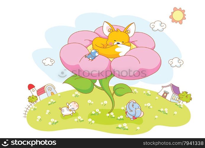 squirrel cartoon are sleeping in the flower garden