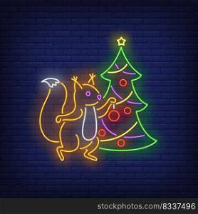 Squirrel decorating fir-tree neon sign. Animal, winter season, Christmas design. Night bright neon sign, colorful billboard, light banner. Vector illustration in neon style.