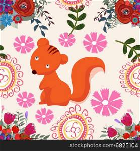 Squirrel floral background pattern, flower, seamless
