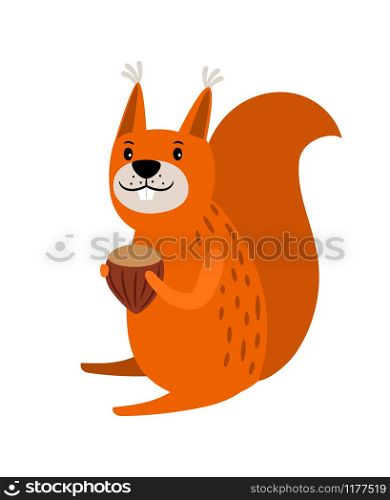 Squirrel holding nut, red cartoon icon isolated on white background, vwctor illustration. Squirrel red cartoon icon