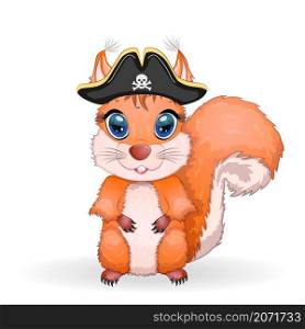 Squirrel pirate, cartoon character of the game, wild animal in a bandana and a cocked hat with a skull, with an eye patch. Character with bright eyes Isolated on white. Squirrel pirate, cartoon character of the game, wild animal in a bandana and a cocked hat with a skull, with an eye patch. Character with bright eyes